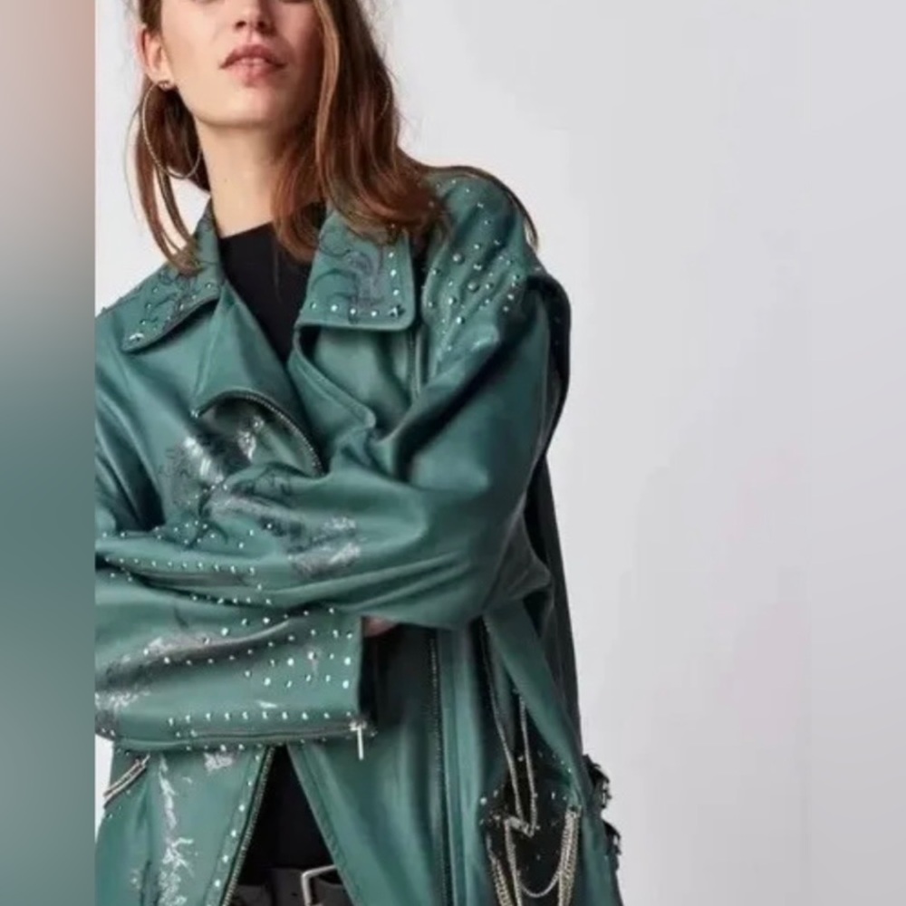 Free People x Branda Knight Chain Embellished Biker Jacket - Picture 2 of 16